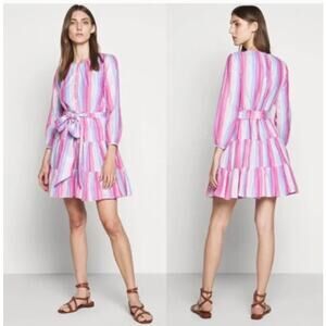 J.CREW Veda Striped Raibow Pastel Pink Blue Tiered Mini Dress Long Sleeve XS